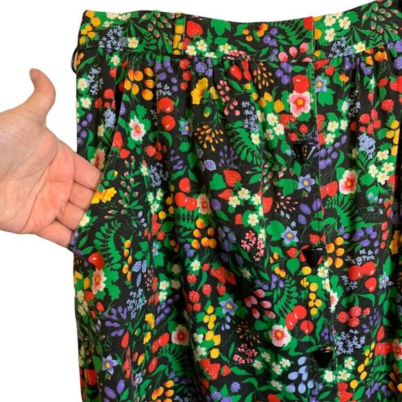 Vintage Handmade A-line Skirt Black Floral & Cherry Pattern with Pockets - Picture 5 of 11